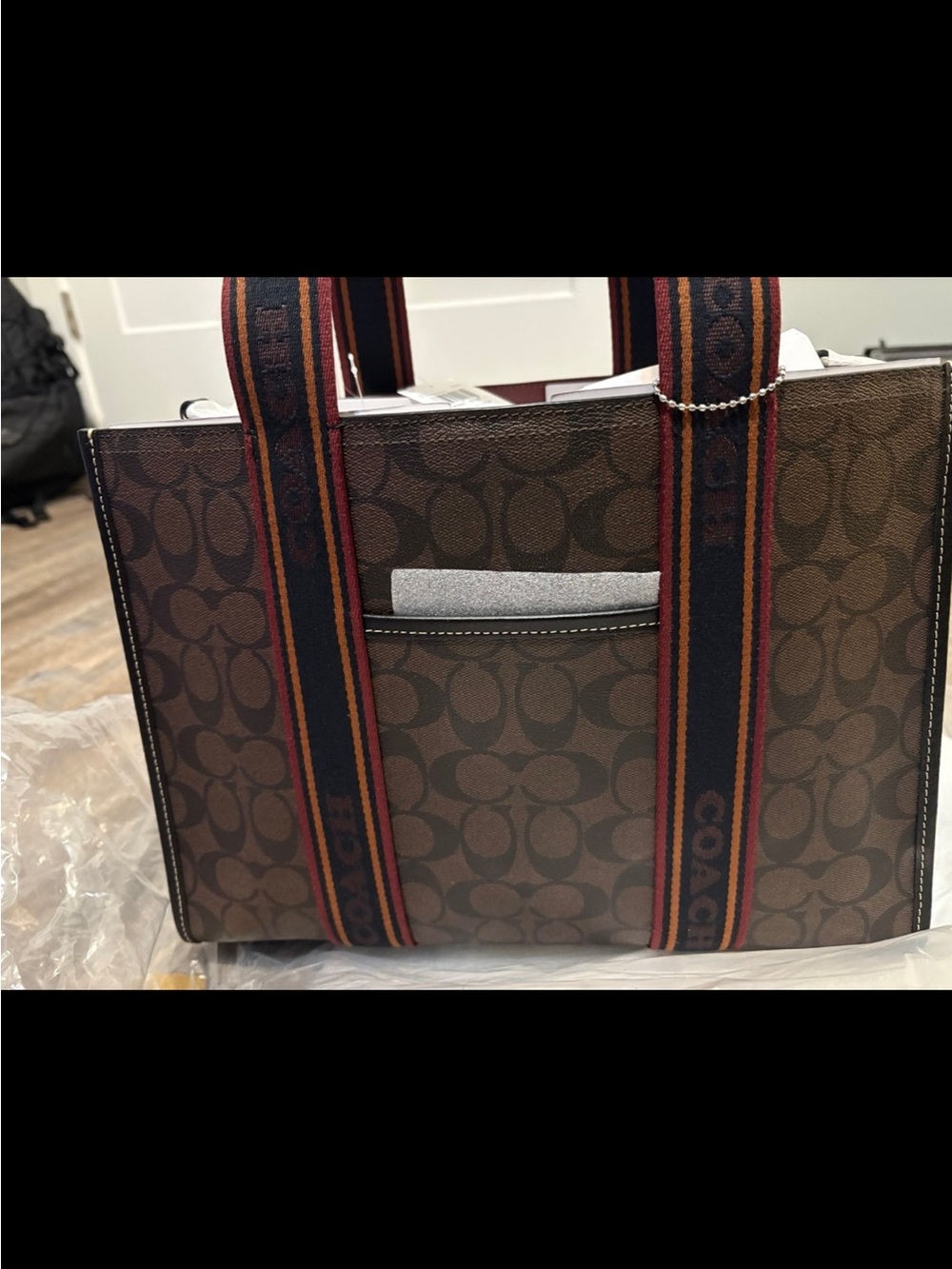 Coach Brown Signature Canvas Tote with Red-Trim Striped Webbing. Smith tote